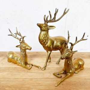 Vintage MCM Mid Century Brass Antlered Deer Stag Figurine Set Of 3